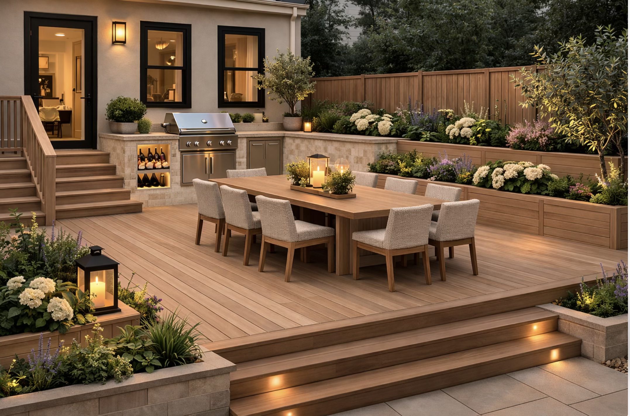 Kopman Build project: backyard deck with lit steps and outdoor dining